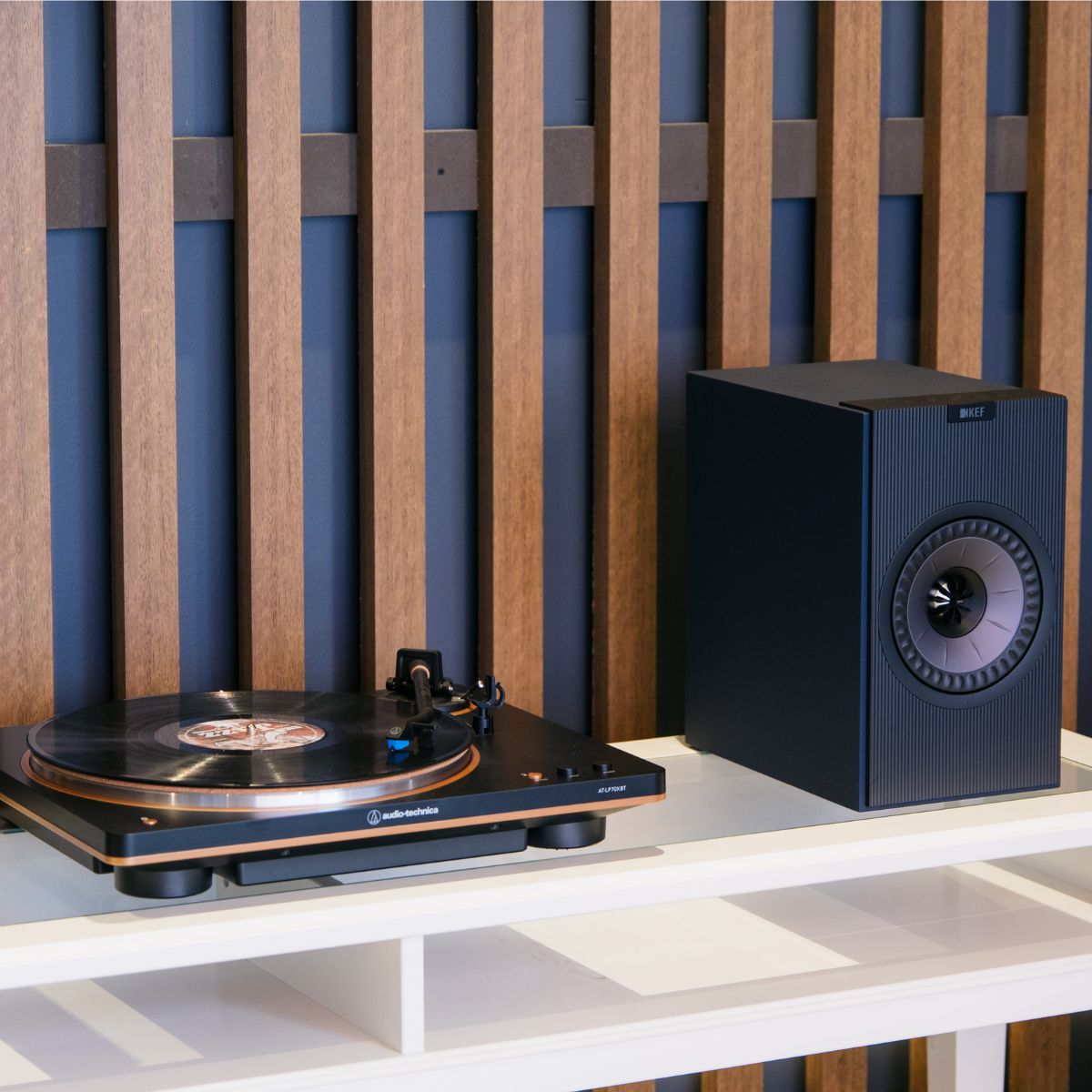 KEF Coda W Wireless Active Speakers and Audio Technica AT-LP70XBT Fully Automatic Wireless Belt-Drive Turntable Bundle