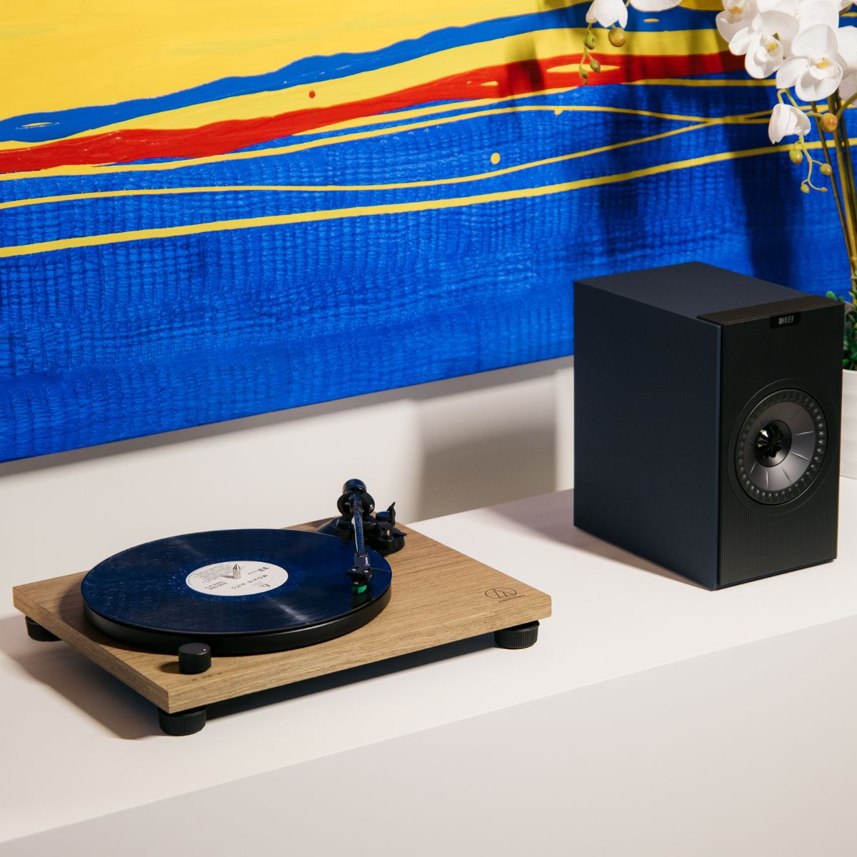 KEF Coda W Wireless Active Speakers and Audio Technica AT-LPW40WN Belt Drive Turntable Bundle