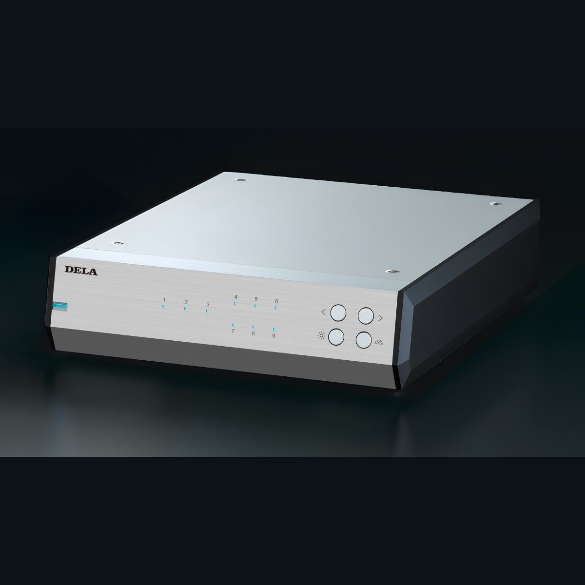 dela-melco-s50-network-switch-silver-front-angled