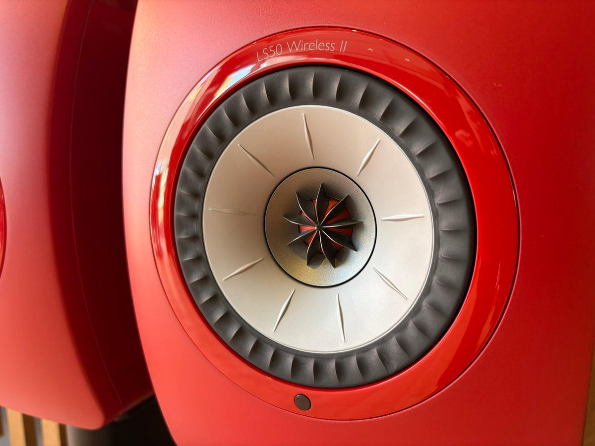 KEF LS50 Wireless II Speakers Red, and KEF Performance Stands Black - Consignment