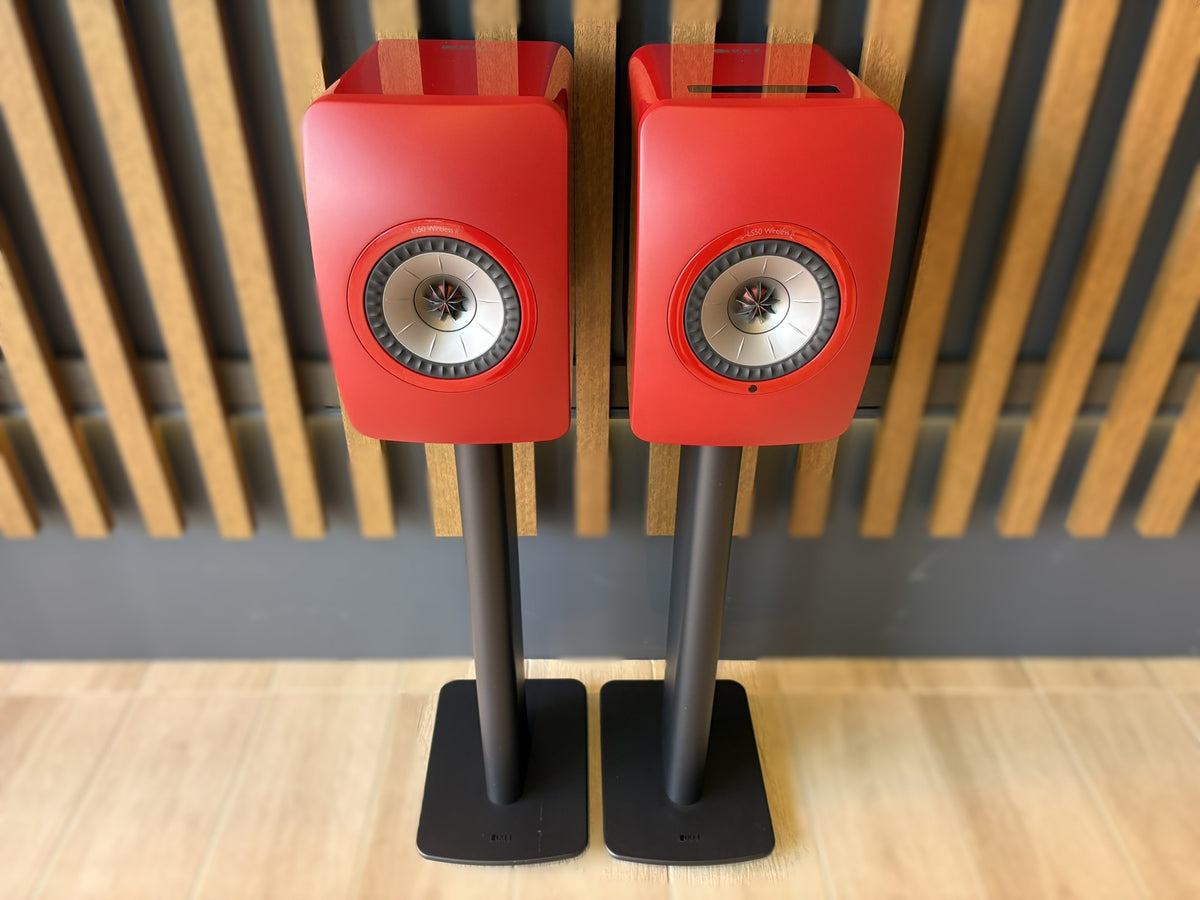 KEF LS50 Wireless II Speakers Red, and KEF Performance Stands Black - Consignment