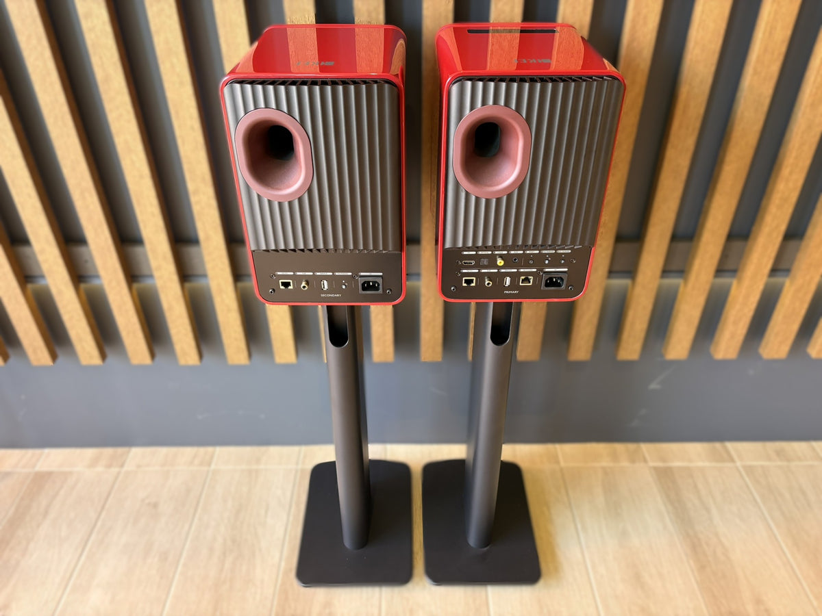 KEF LS50 Wireless II Speakers Red, and KEF Performance Stands Black - Consignment