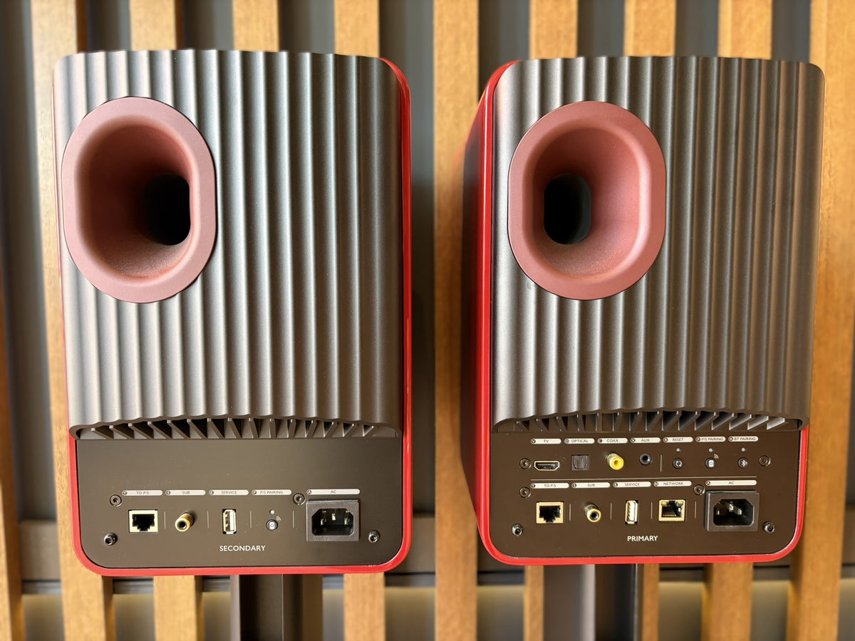 KEF LS50 Wireless II Speakers Red, and KEF Performance Stands Black - Consignment