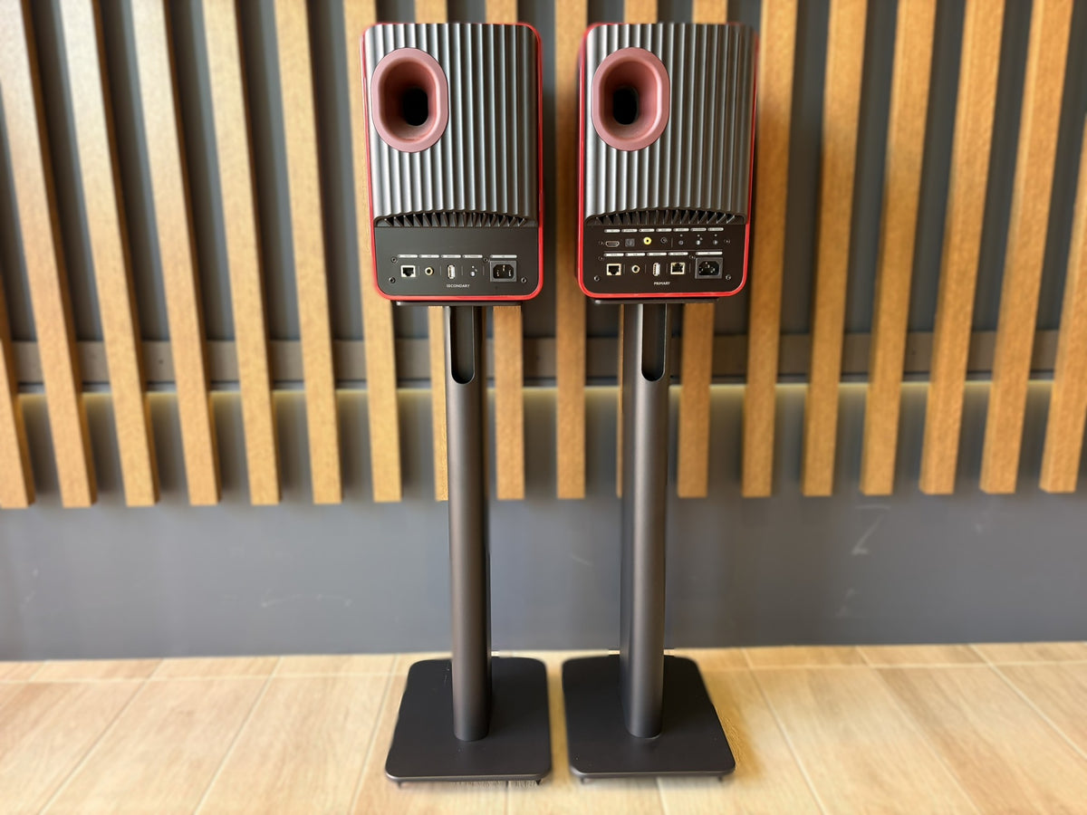 KEF LS50 Wireless II Speakers Red, and KEF Performance Stands Black - Consignment