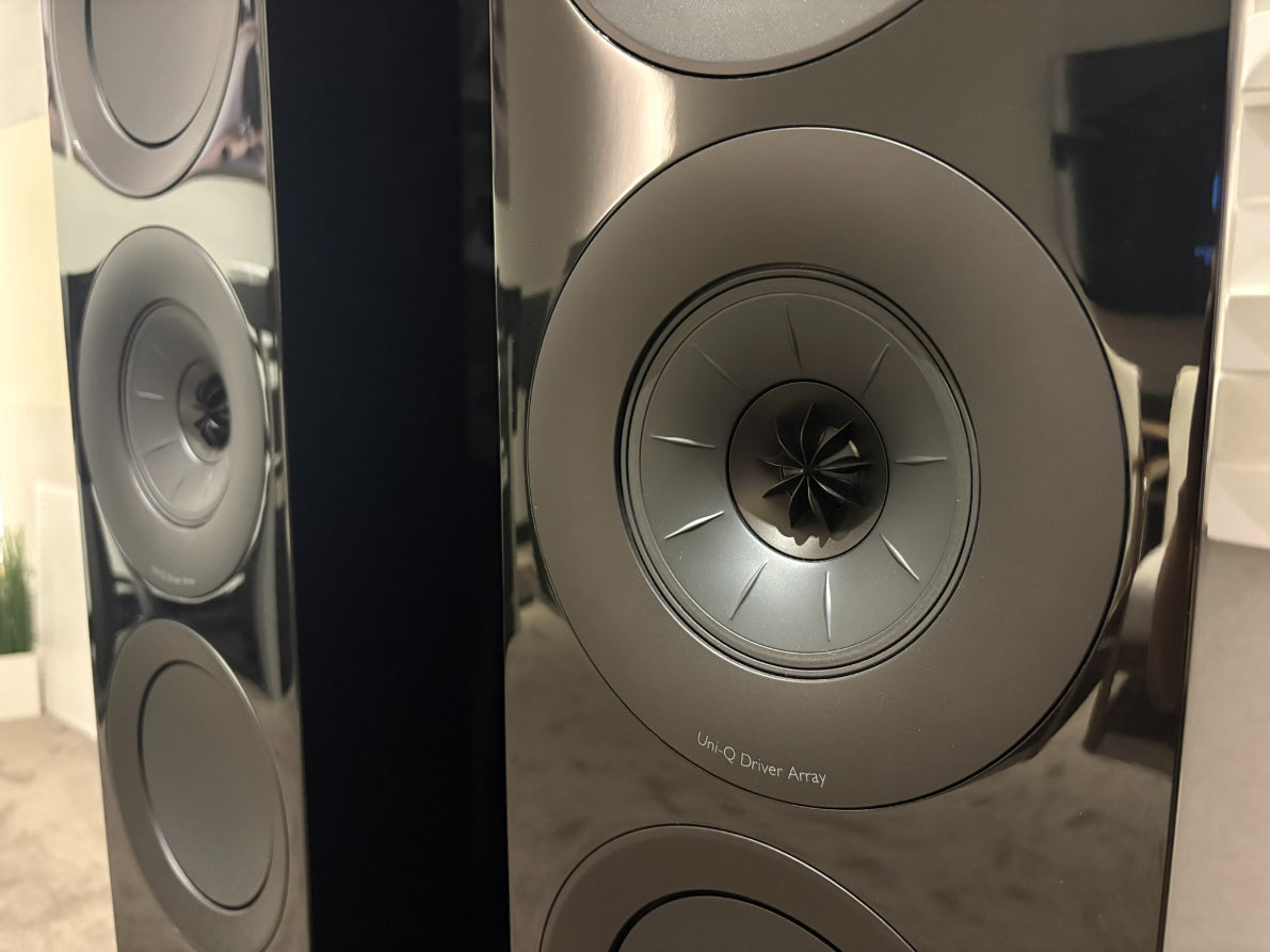 KEF R11 Floorstanding Speakers (Non-Meta), Gloss Black / Grey Drivers - Consignment