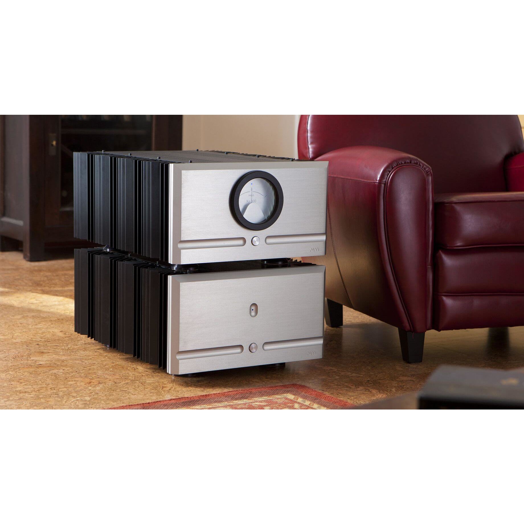 Silver Pass Labs XS300 Monoblock Amplifier next to Couch