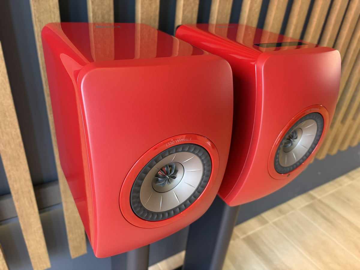 KEF LS50 Wireless II Speakers Red, and KEF Performance Stands Black - Consignment