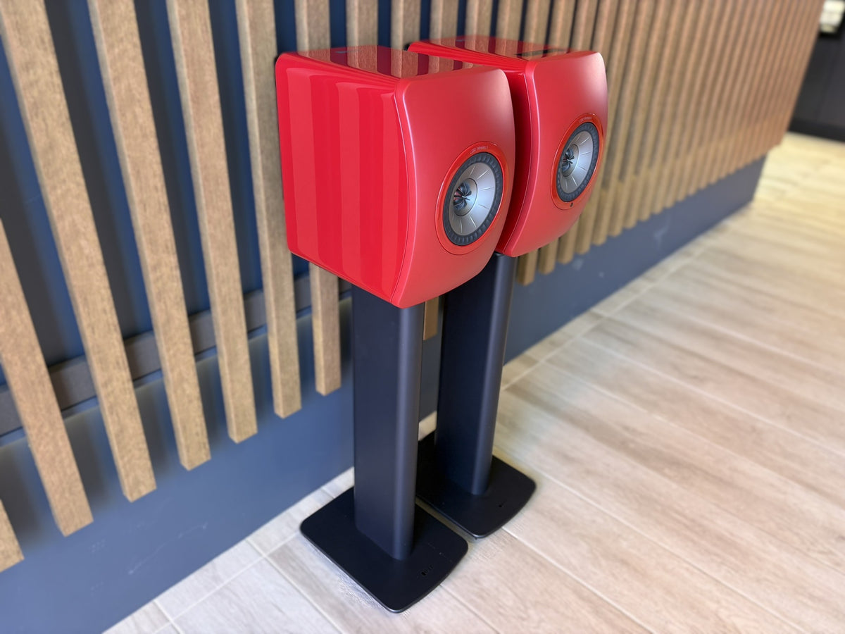 KEF LS50 Wireless II Speakers Red, and KEF Performance Stands Black - Consignment