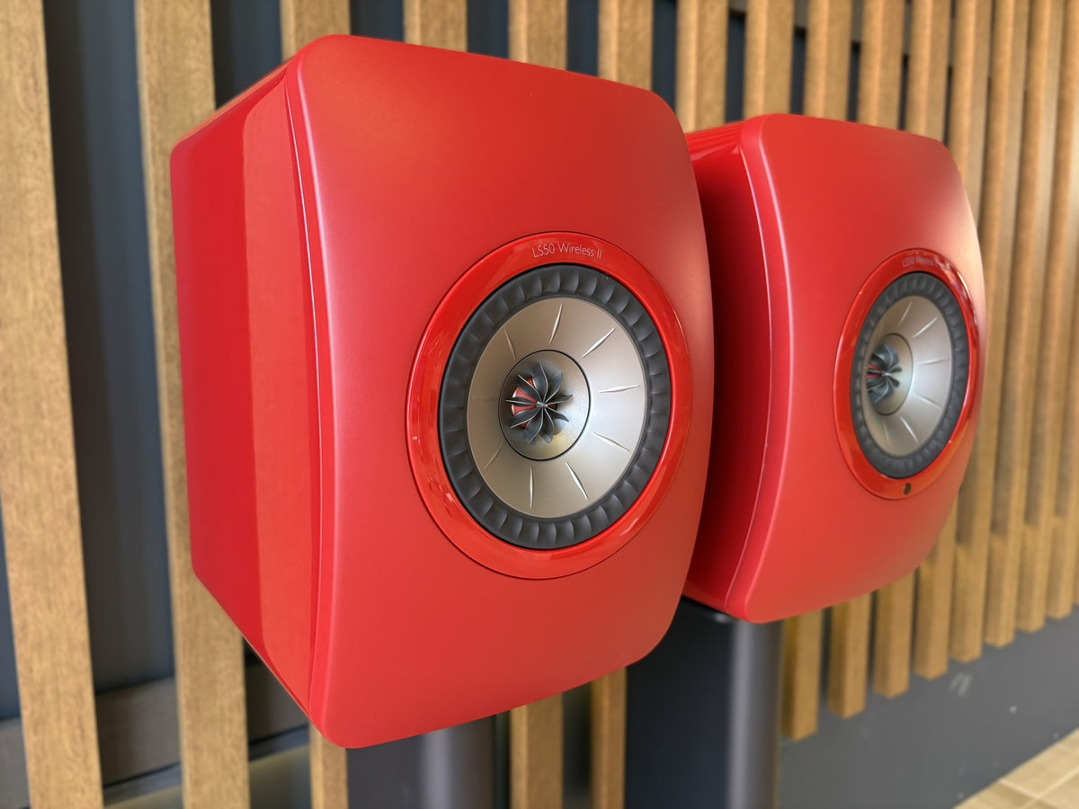 KEF LS50 Wireless II Speakers Red, and KEF Performance Stands Black - Consignment