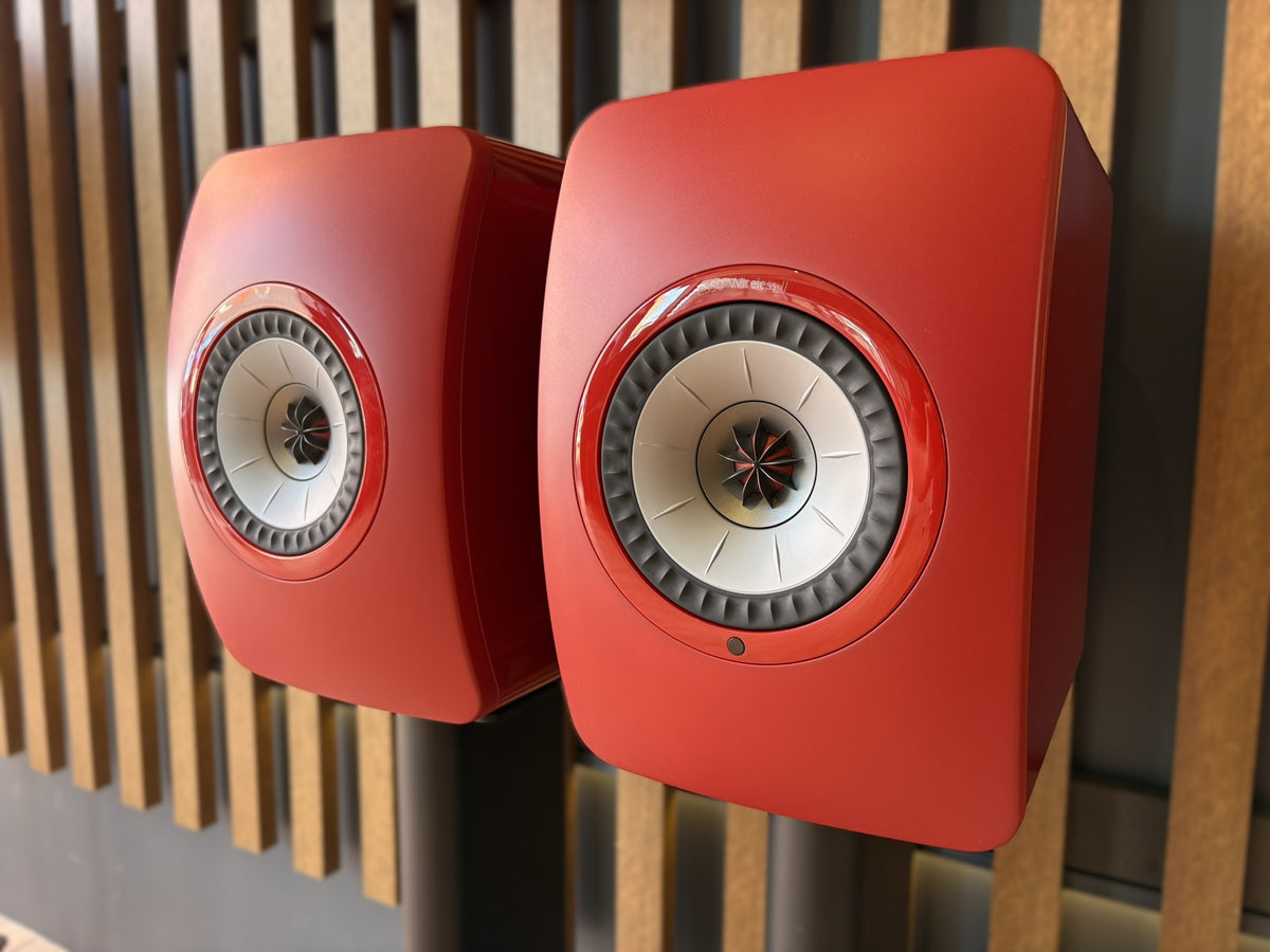 KEF LS50 Wireless II Speakers Red, and KEF Performance Stands Black - Consignment