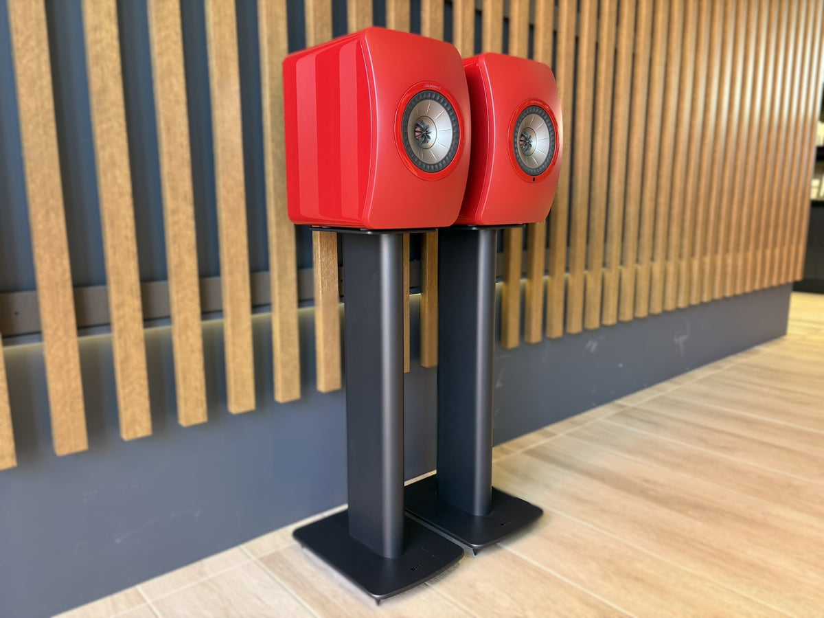 KEF LS50 Wireless II Speakers Red, and KEF Performance Stands Black - Consignment