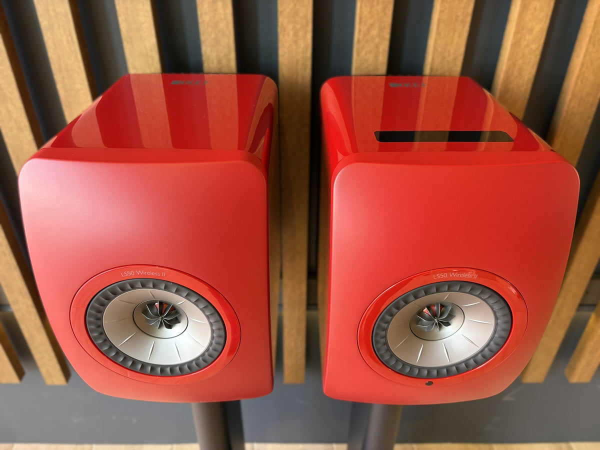 KEF LS50 Wireless II Speakers Red, and KEF Performance Stands Black - Consignment