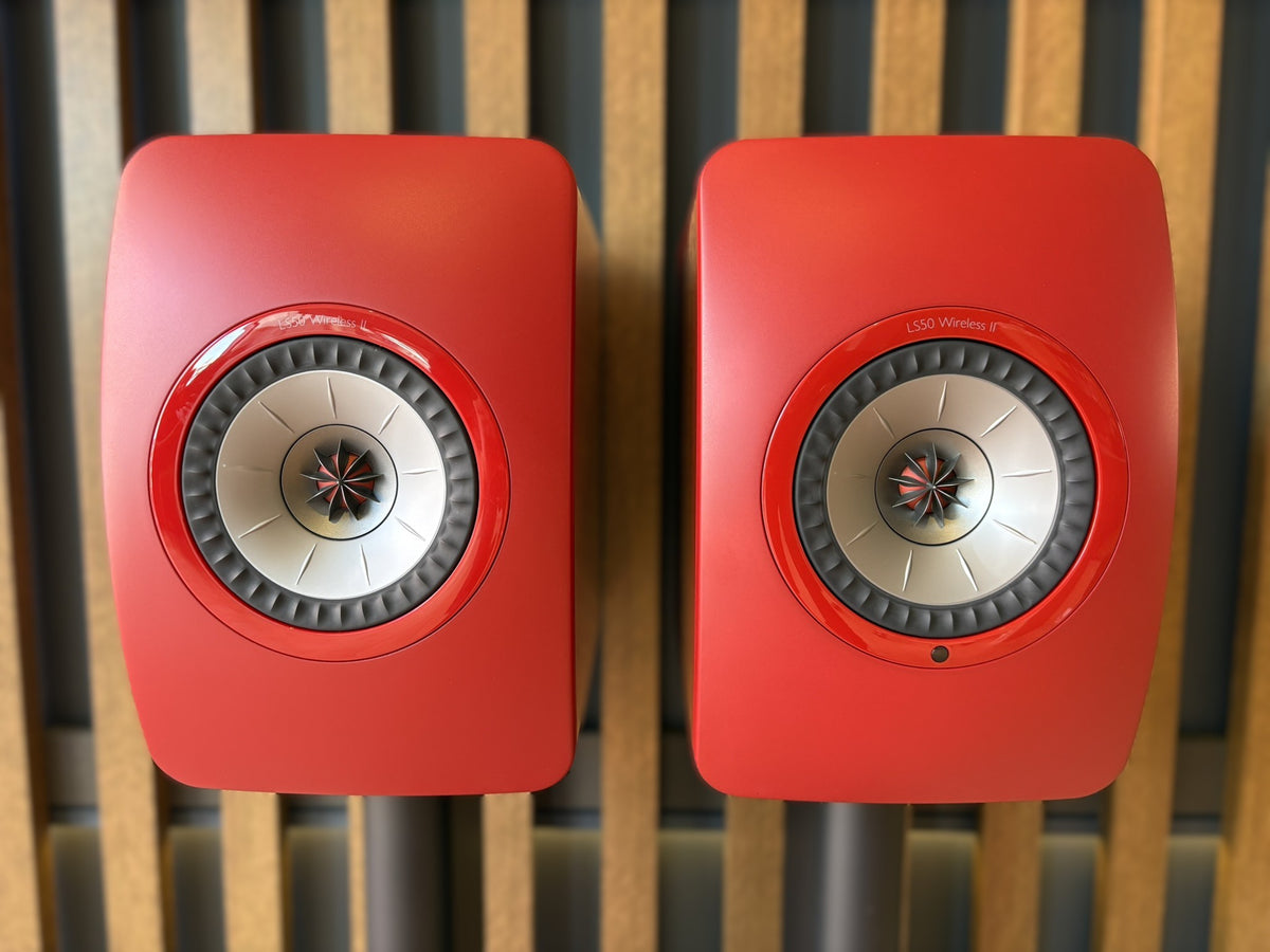 KEF LS50 Wireless II Speakers Red, and KEF Performance Stands Black - Consignment