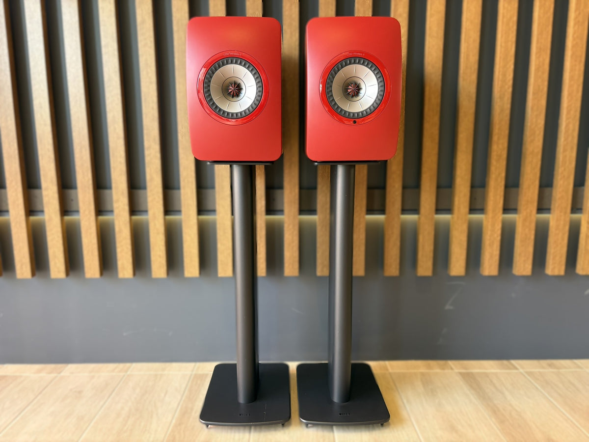 KEF LS50 Wireless II Speakers Red, and KEF Performance Stands Black - Consignment