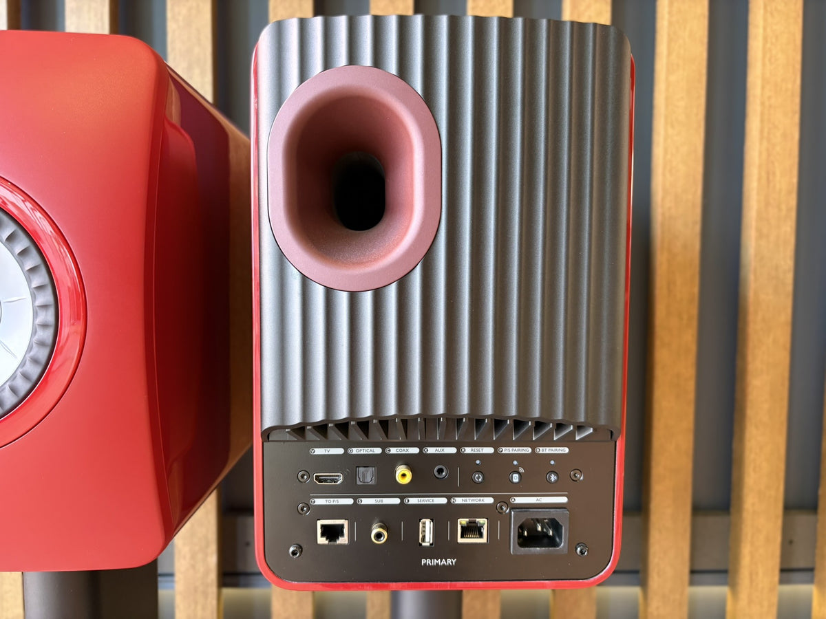 KEF LS50 Wireless II Speakers Red, and KEF Performance Stands Black - Consignment