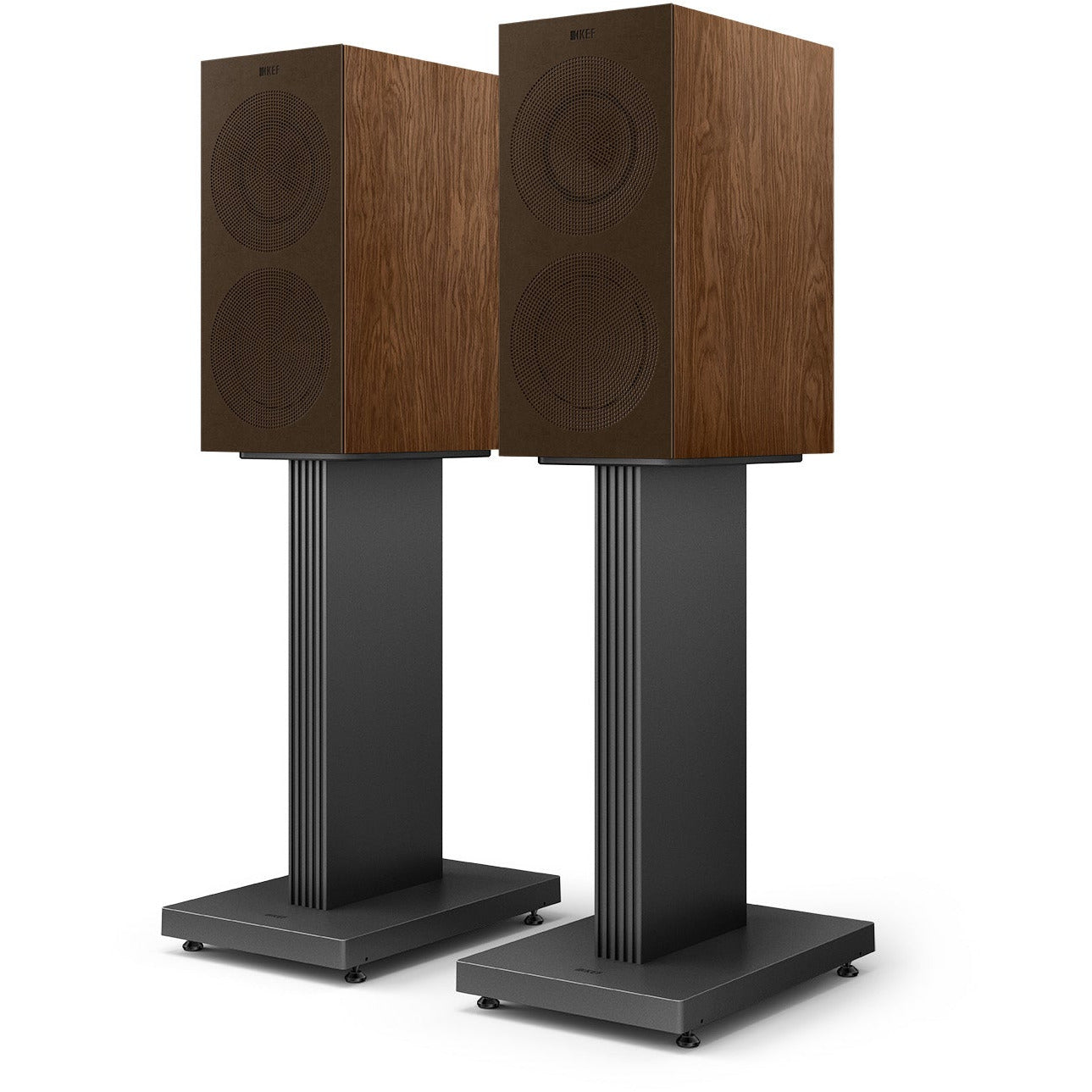 KEF R3 Meta Walnut Grille and S3 Stand Grey
