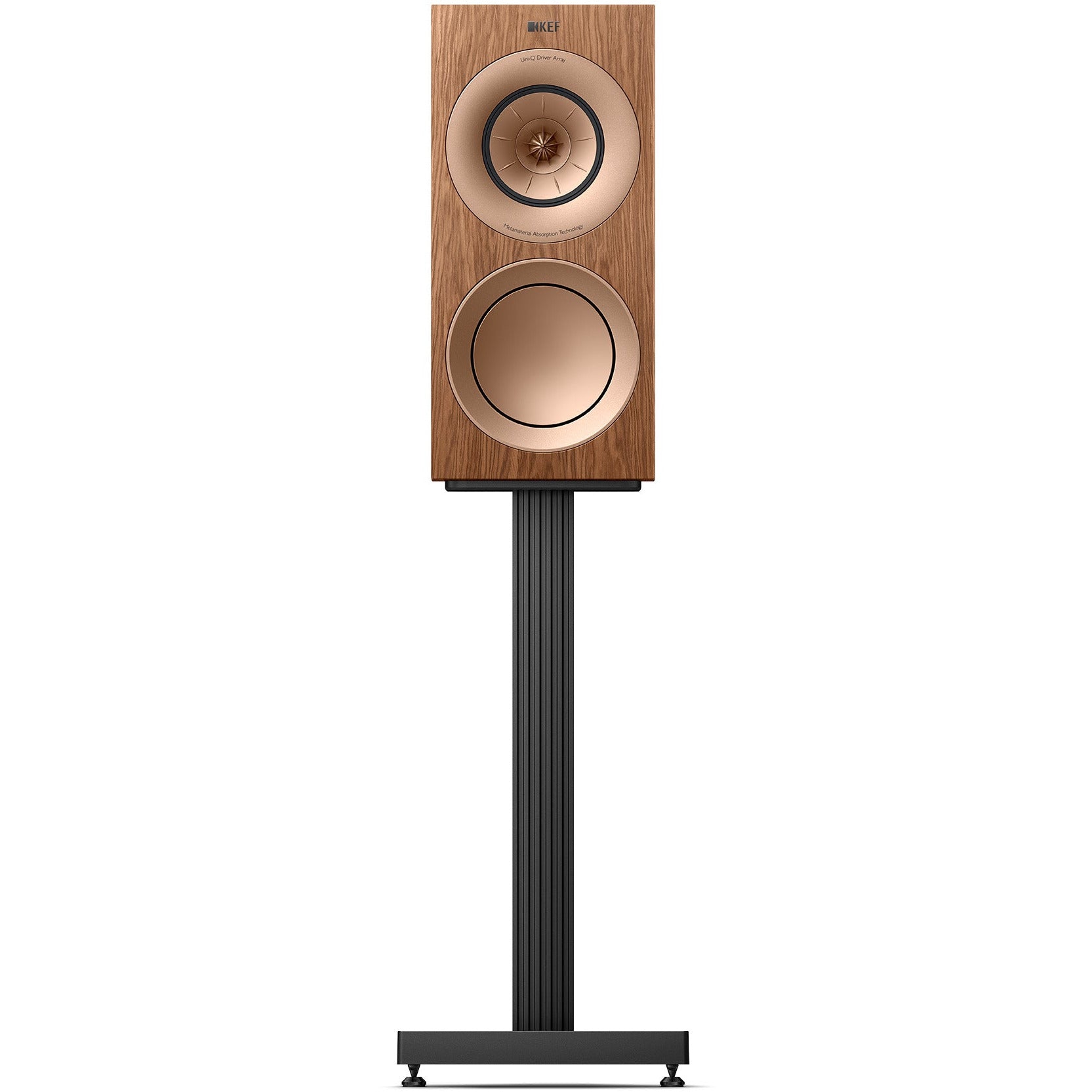 KEF R3 Meta Walnut and S3 Stand Grey Front