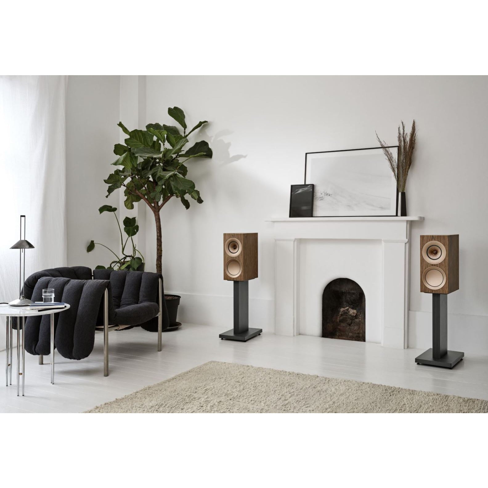KEF R3 Meta Walnut and S3 Stand Grey Room